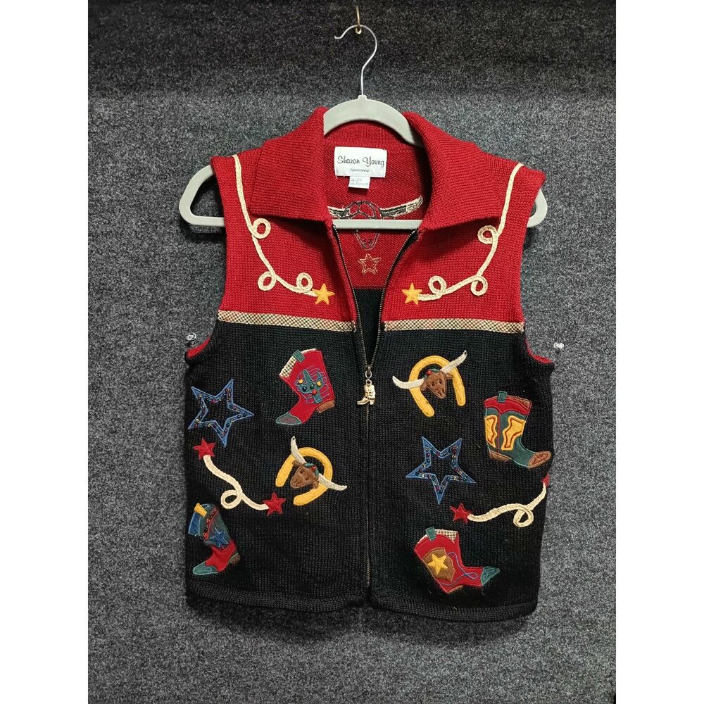 Vintage Sharon Young Western Cowboy Boot Longhorn Wool Sweater Vest Zip Red S